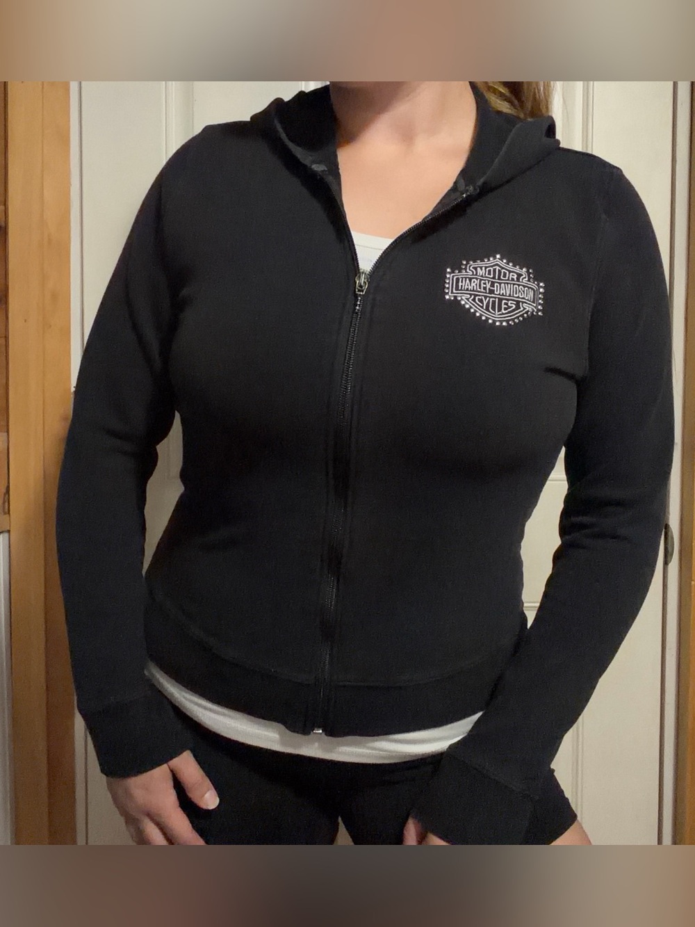 Vintage Y2K Harley Davidson Black Zip Up Front Hooded Sweatshirt w/ Rhinestones